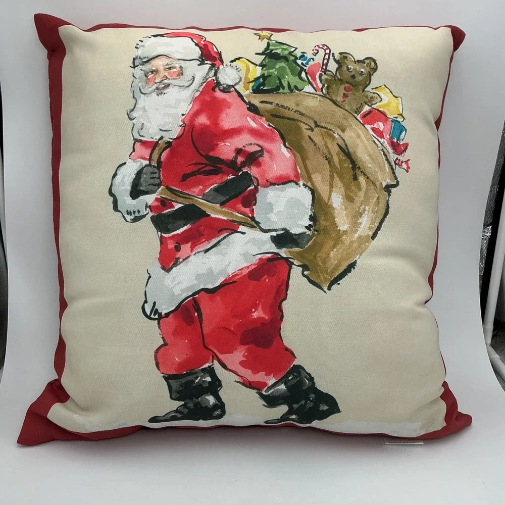 Pottery Barn Christmas Santa Claus Watercolor Throw Pillow Red Cream 20x20 2side